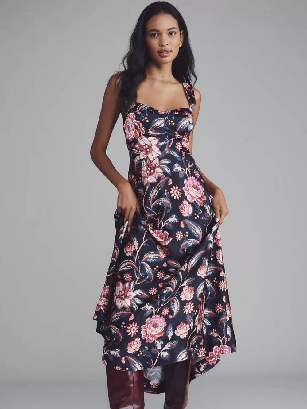 Anthropologie Floral Satin Maxi Dress in Black and Pink